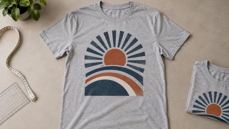 Overhead view of a heather-gray T-shirt with a large distressed navy and rust sunrise graphic across the chest, beside a measuring tape, clear grid ruler, folded matching shirt, and potted plant.
