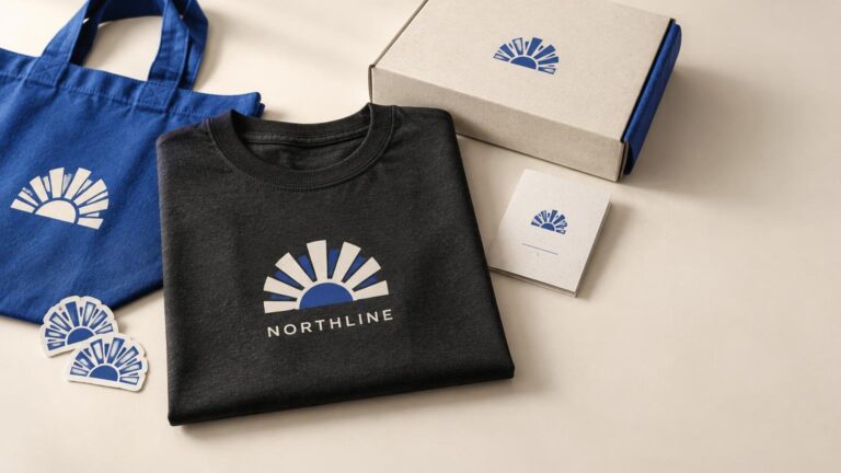 Folded charcoal T-shirt with a blue-and-white sunburst Northline design, arranged with a matching blue tote bag, branded box, card, and two stickers on a light tabletop.