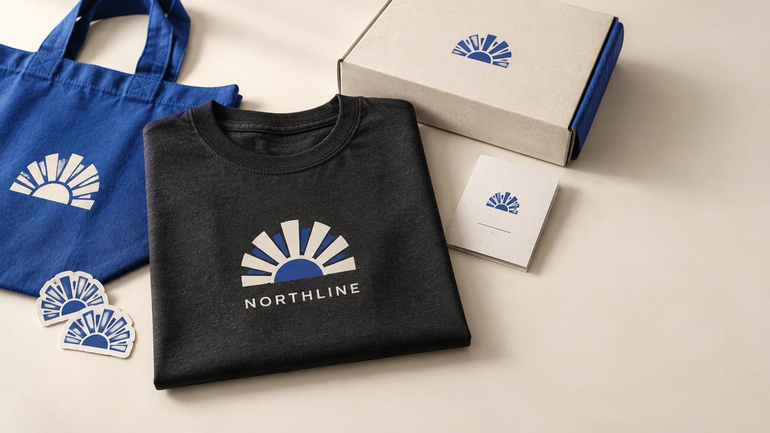 Folded charcoal T-shirt with a blue-and-white sunburst Northline design, arranged with a matching blue tote bag, branded box, card, and two stickers on a light tabletop.