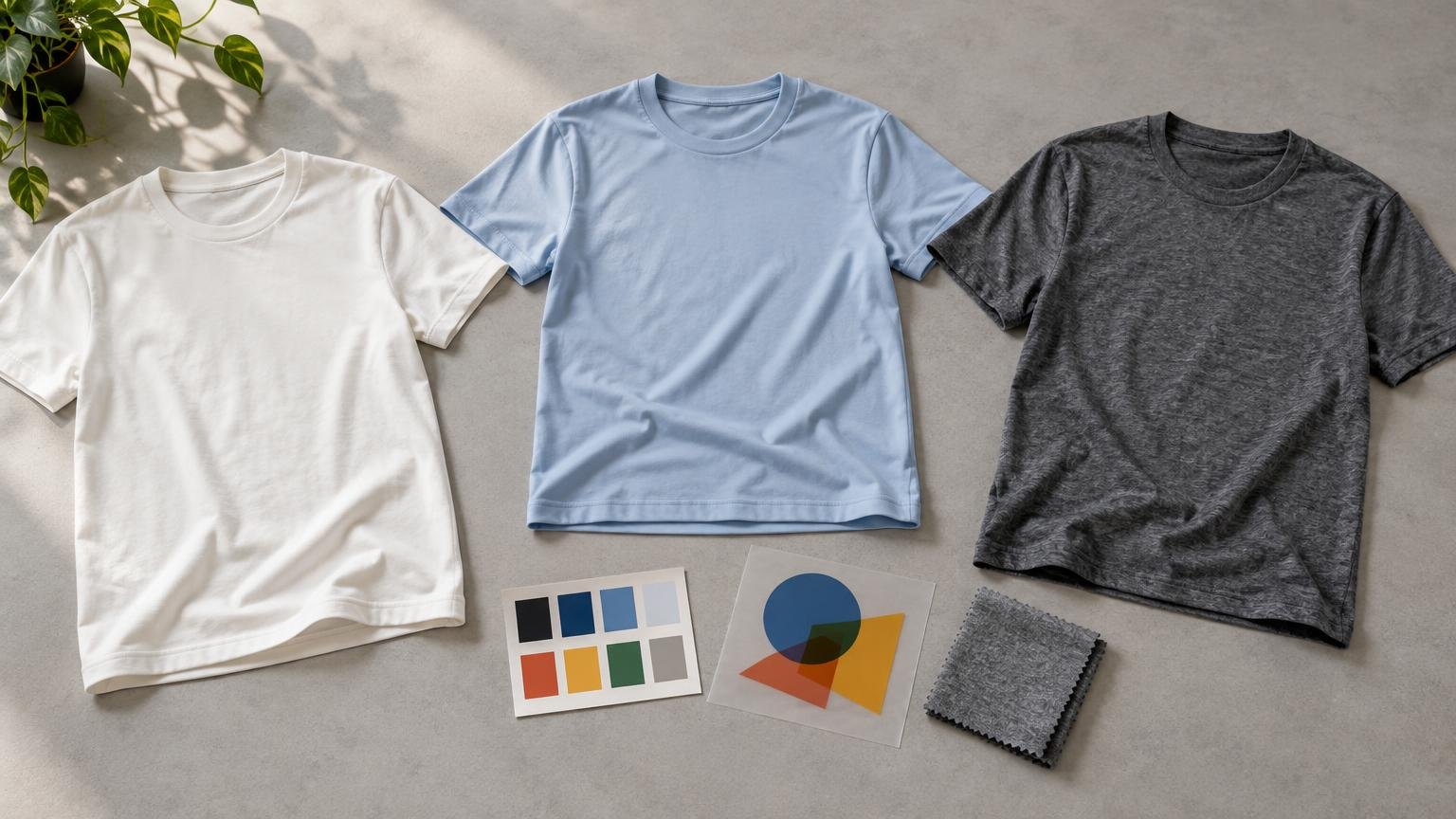 Overhead editorial view of three blank crew-neck T-shirts in white, light blue, and charcoal, arranged with color swatches, a geometric print sample, and a folded gray fabric swatch.