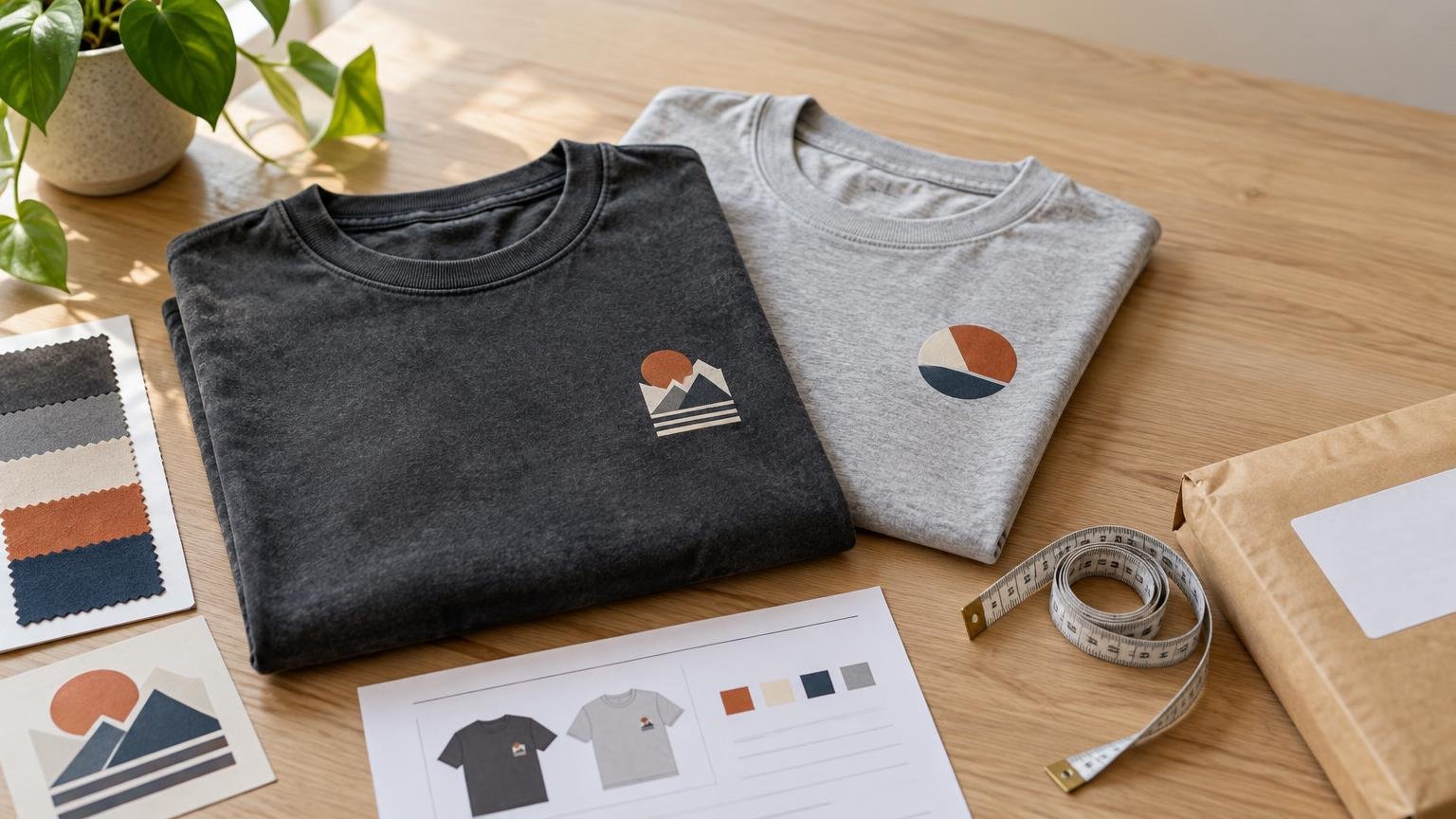 Two folded T-shirts with small geometric chest prints sit on a wooden table beside fabric swatches, a measuring tape, a design sheet, and a mailing parcel.