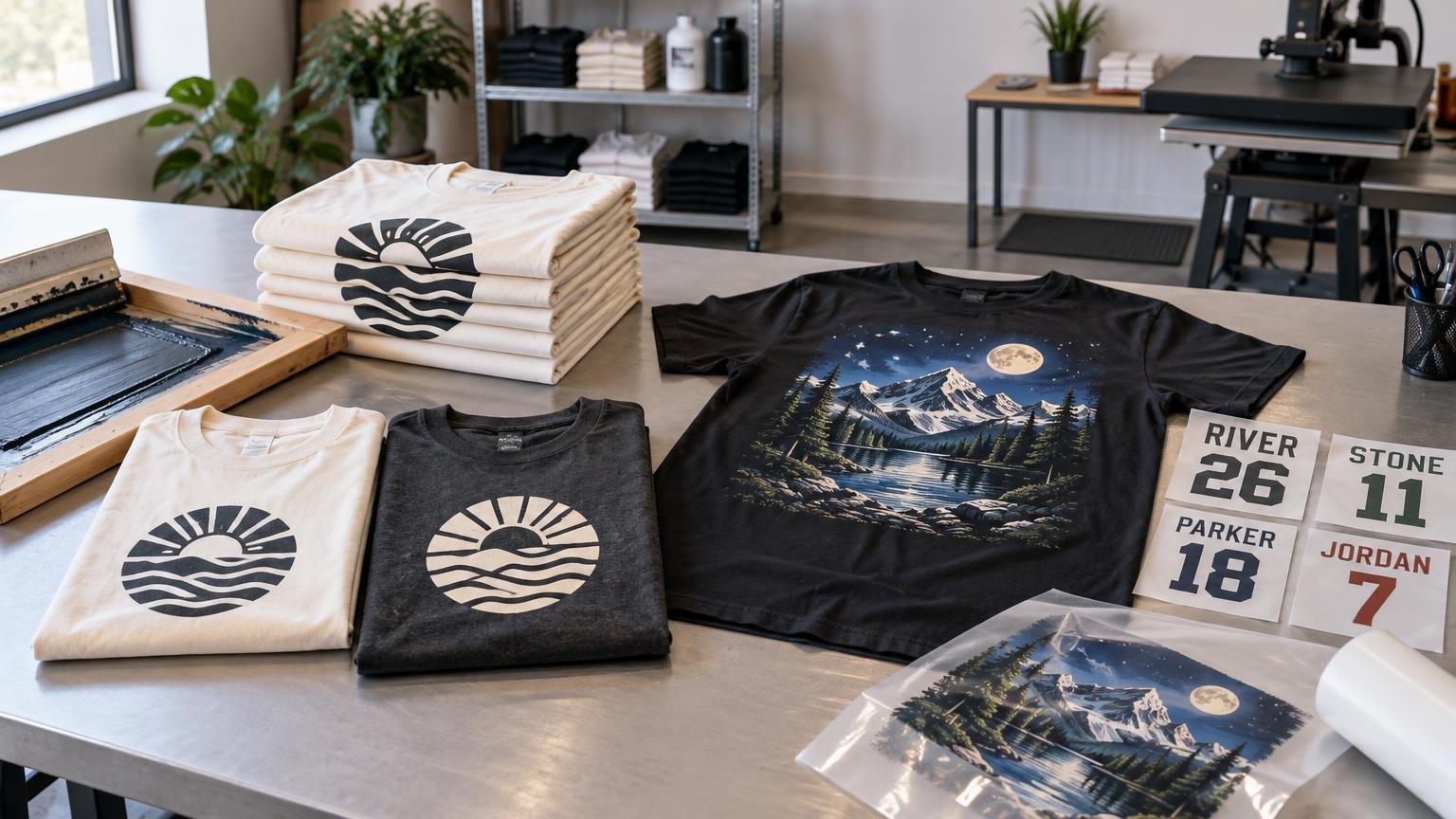 Apparel-printing worktable with a screen-printing frame, stacked cream shirts with a sun-and-waves graphic, a black mountain-print T-shirt, numbered name samples, and a heat press in the background.