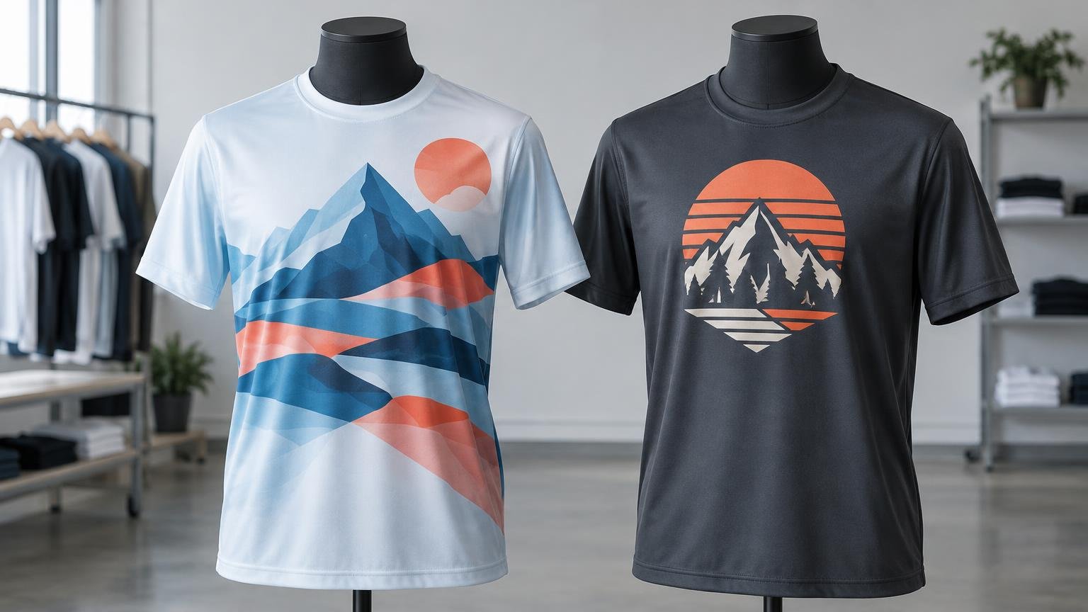 Two black mannequin torsos display polyester T-shirts in a bright apparel showroom: a white shirt with a large blue and coral all-over mountain landscape print and a dark shirt with a centered mountain-and-sunset graphic.